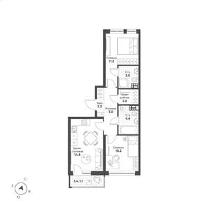 2-к квартира, строящийся дом, 56м2, 13/15 этаж