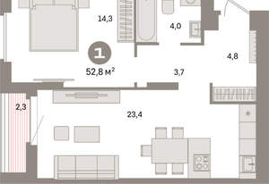 1-к квартира, вторичка, 53м2, 8/16 этаж