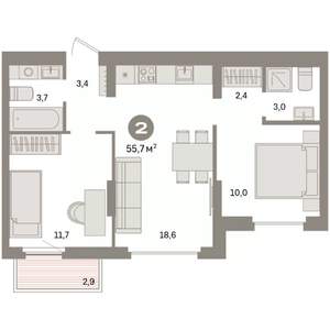 1-к квартира, вторичка, 56м2, 5/9 этаж