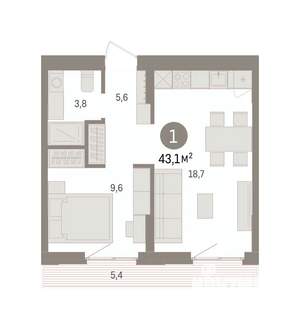 1-к квартира, вторичка, 43м2, 4/7 этаж