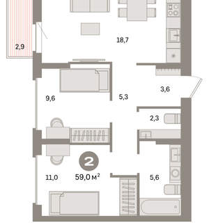 2-к квартира, вторичка, 59м2, 7/9 этаж
