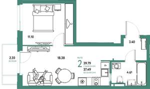 2-к квартира, строящийся дом, 40м2, 7/24 этаж