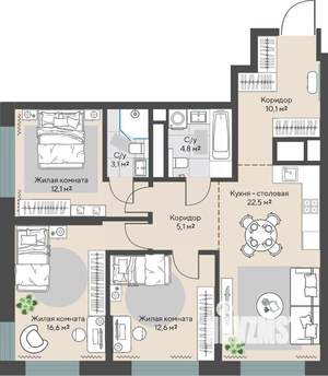3-к квартира, строящийся дом, 87м2, 4/30 этаж