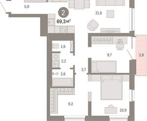 2-к квартира, вторичка, 69м2, 3/8 этаж