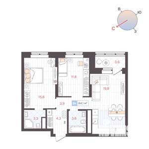 2-к квартира, строящийся дом, 64м2, 15/25 этаж