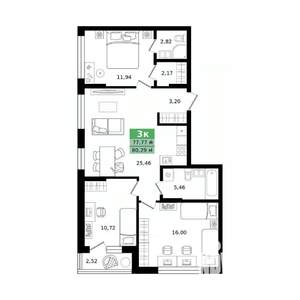 3-к квартира, строящийся дом, 80м2, 2/8 этаж