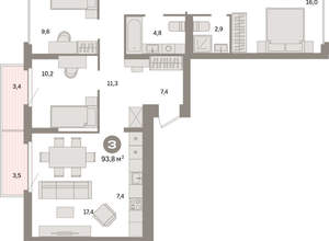 3-к квартира, вторичка, 94м2, 5/16 этаж
