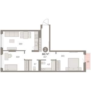 2-к квартира, вторичка, 69м2, 3/9 этаж