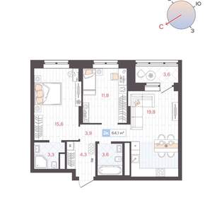 2-к квартира, вторичка, 64м2, 15/25 этаж