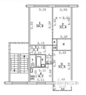 3-к квартира, вторичка, 59м2, 3/5 этаж