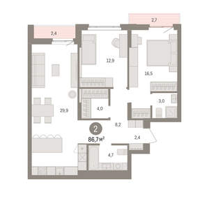 2-к квартира, вторичка, 87м2, 4/16 этаж