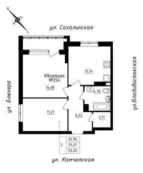 2-к квартира, строящийся дом, 53м2, 22/25 этаж