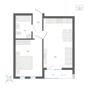 1-к квартира, строящийся дом, 39м2, 22/32 этаж