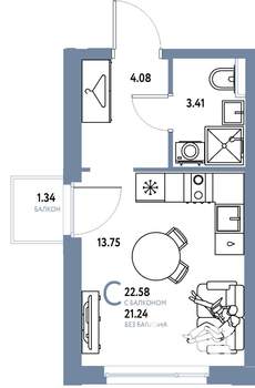 Студия квартира, строящийся дом, 23м2, 3/24 этаж