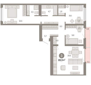 3-к квартира, вторичка, 90м2, 5/9 этаж