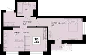 1-к квартира, строящийся дом, 44м2, 4/25 этаж