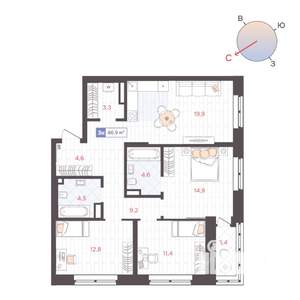 3-к квартира, строящийся дом, 87м2, 6/25 этаж