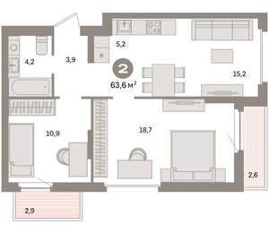 2-к квартира, вторичка, 64м2, 6/16 этаж