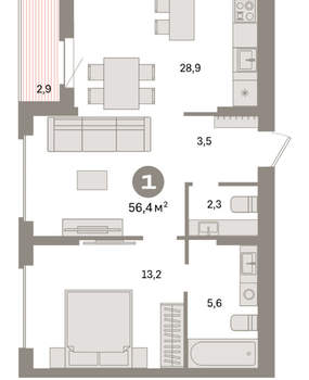 1-к квартира, вторичка, 56м2, 8/9 этаж