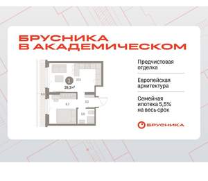 1-к квартира, вторичка, 39м2, 8/9 этаж