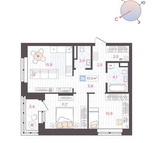 2-к квартира, вторичка, 57м2, 3/25 этаж