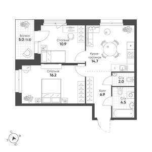 2-к квартира, строящийся дом, 57м2, 13/16 этаж