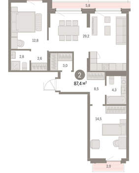 2-к квартира, вторичка, 87м2, 8/9 этаж