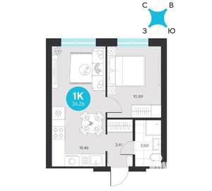 1-к квартира, строящийся дом, 36м2, 15/23 этаж