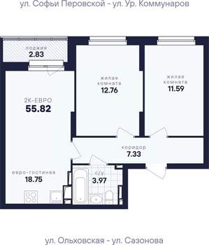 2-к квартира, вторичка, 56м2, 9/17 этаж