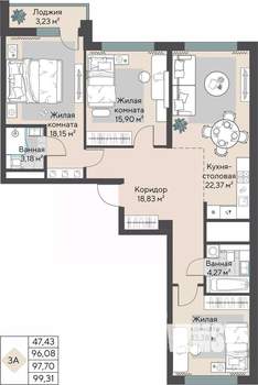 3-к квартира, строящийся дом, 98м2, 3/31 этаж