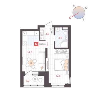 1-к квартира, строящийся дом, 37м2, 8/25 этаж