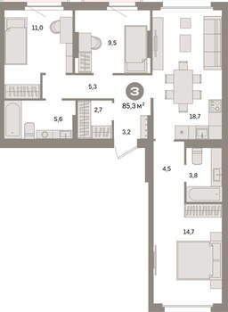 3-к квартира, вторичка, 85м2, 5/9 этаж