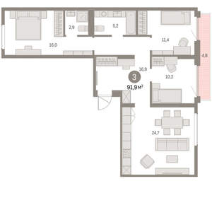 3-к квартира, вторичка, 92м2, 9/9 этаж