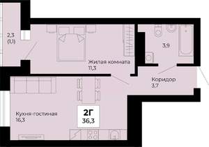 1-к квартира, строящийся дом, 36м2, 24/25 этаж
