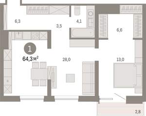 1-к квартира, вторичка, 64м2, 6/8 этаж