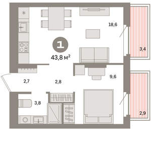 1-к квартира, вторичка, 44м2, 6/9 этаж