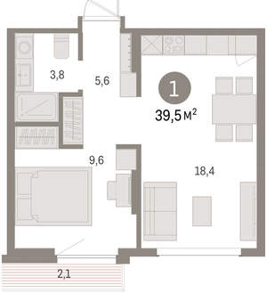 1-к квартира, вторичка, 39м2, 3/9 этаж