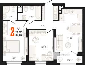 2-к квартира, строящийся дом, 65м2, 6/25 этаж